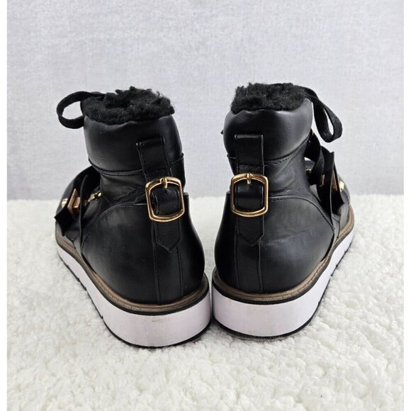 Ankle Boots Urban Hiking Black Lace-Up ARI Justfab Faux Shearling Gold Tone Buck - Picture 13 of 15